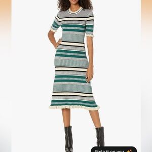 Club Monaco Striped Ribbed Midi Dress in Green, Cream, Black, and Gray